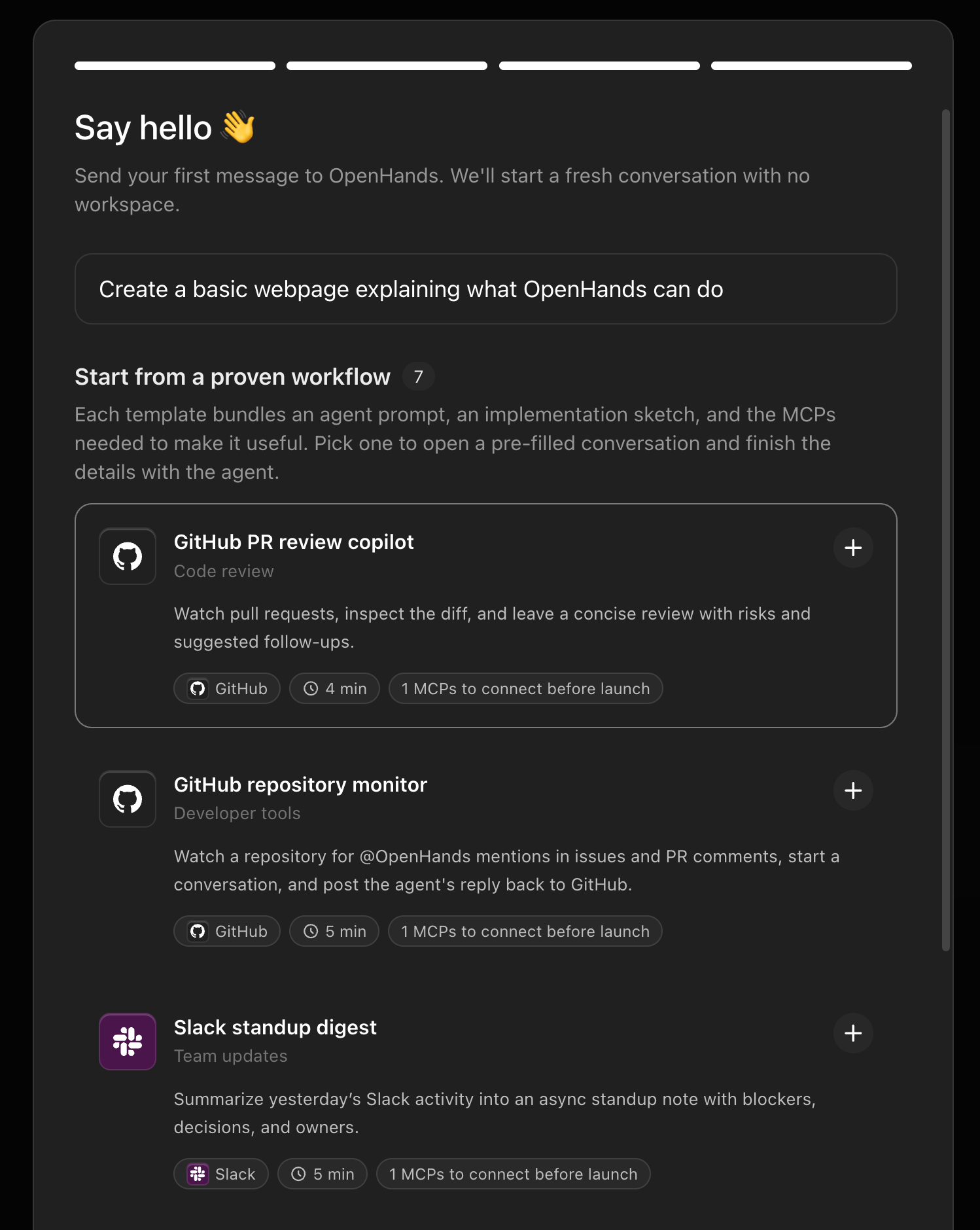 Agent Canvas first-time setup — Say hello screen showing pre-built workflow templates including GitHub PR review copilot, GitHub repository monitor, and Slack s